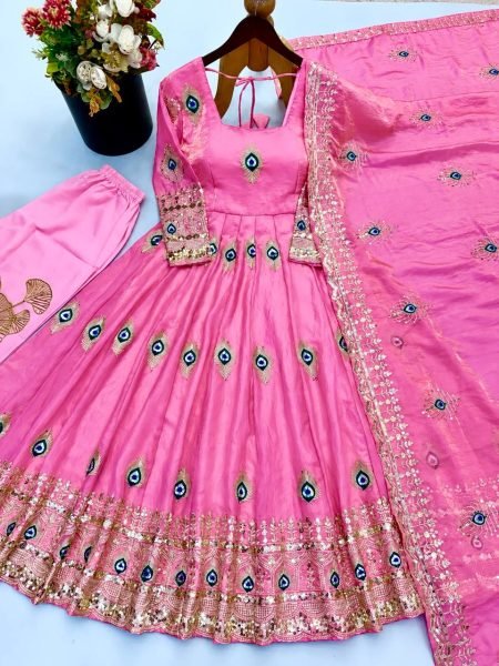 Recyclable Pink Fully Stitched Fendy Silk Gown with Matching Pant and Dupatta Ready To Wear Collection