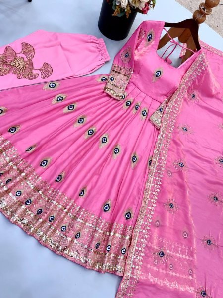 Recyclable Pink Fully Stitched Fendy Silk Gown with Matching Pant and Dupatta Ready To Wear Collection