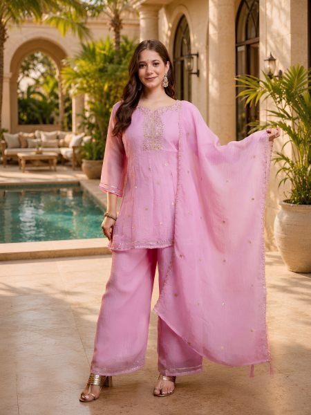 Recyclable Pink Ready to Wear Crunchy Embroidery Kurti Palazzo Set at Wholesale Rate Kurtis