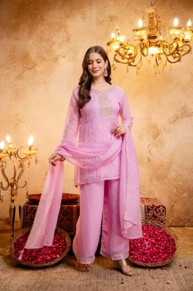 Recyclable Pink Ready to Wear Crunchy Embroidery Kurti Palazzo Set at Wholesale Rate 3 Piece Kurti Set