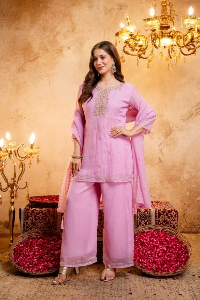 Recyclable Pink Ready to Wear Crunchy Embroidery Kurti Palazzo Set at Wholesale Rate 3 Piece Kurti Set