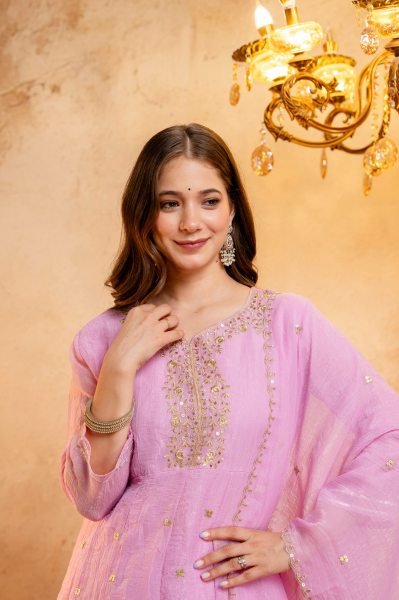 Recyclable Pink Ready to Wear Crunchy Embroidery Kurti Palazzo Set at Wholesale Rate 3 Piece Kurti Set