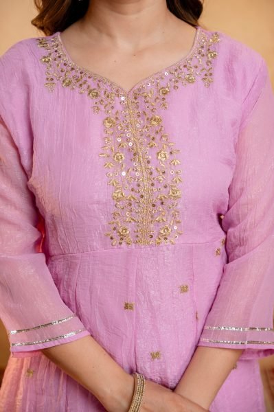 Recyclable Pink Ready to Wear Crunchy Embroidery Kurti Palazzo Set at Wholesale Rate 3 Piece Kurti Set