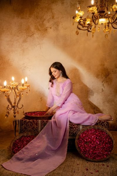 Recyclable Pink Ready to Wear Crunchy Embroidery Kurti Palazzo Set at Wholesale Rate 3 Piece Kurti Set