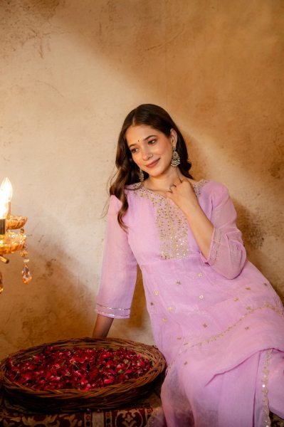 Recyclable Pink Ready to Wear Crunchy Embroidery Kurti Palazzo Set at Wholesale Rate 3 Piece Kurti Set