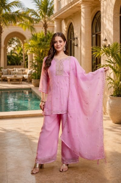 Recyclable Pink Ready to Wear Crunchy Embroidery Kurti Palazzo Set at Wholesale Rate 3 Piece Kurti Set