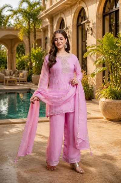 Recyclable Pink Ready to Wear Crunchy Embroidery Kurti Palazzo Set at Wholesale Rate 3 Piece Kurti Set