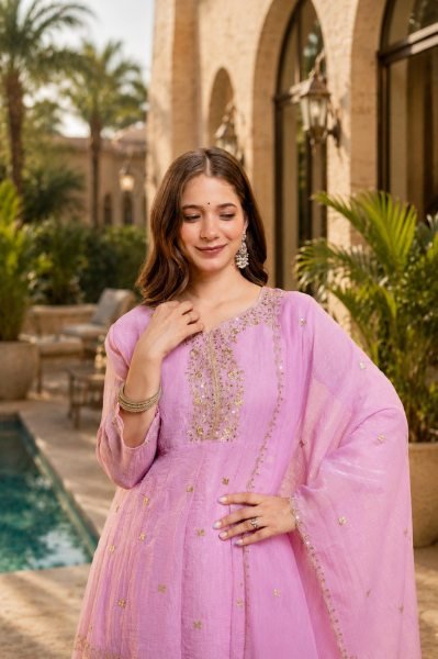Recyclable Pink Ready to Wear Crunchy Embroidery Kurti Palazzo Set at Wholesale Rate 3 Piece Kurti Set