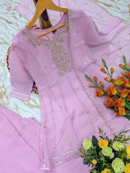Recyclable Pink Ready to Wear Crunchy Embroidery Kurti Palazzo Set at Wholesale Rate 3 Piece Kurti Set