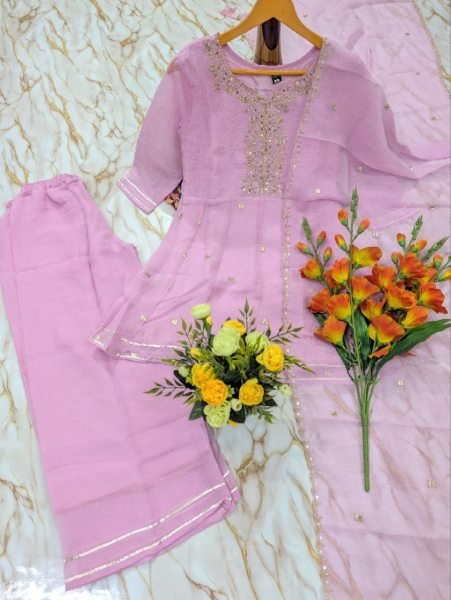 Recyclable Pink Ready to Wear Crunchy Embroidery Kurti Palazzo Set at Wholesale Rate 3 Piece Kurti Set