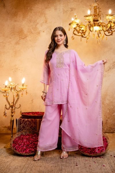 Recyclable Pink Ready to Wear Crunchy Embroidery Kurti Palazzo Set at Wholesale Rate 3 Piece Kurti Set