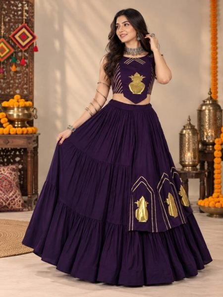 Recyclable Purple 6 Meter Flair Pure Rayon Cotton Lehenga Choli with Kalash Patch 