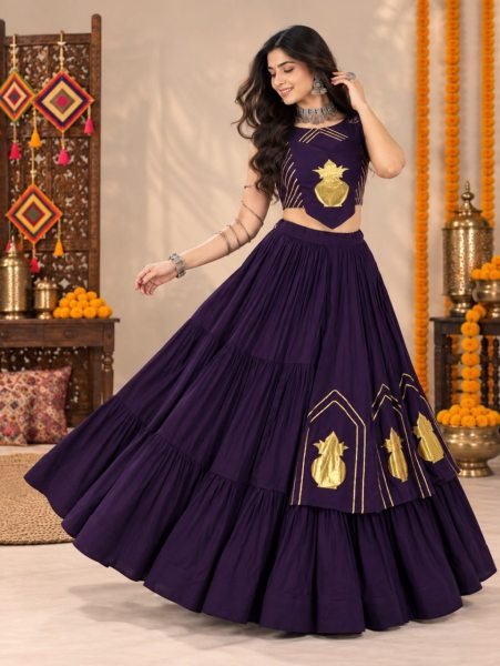 Recyclable Purple 6 Meter Flair Pure Rayon Cotton Lehenga Choli with Kalash Patch Navratri Lehnega Choli