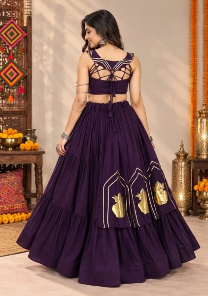 Recyclable Purple 6 Meter Flair Pure Rayon Cotton Lehenga Choli with Kalash Patch Navratri Lehnega Choli