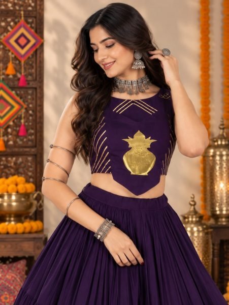 Recyclable Purple 6 Meter Flair Pure Rayon Cotton Lehenga Choli with Kalash Patch Navratri Lehnega Choli