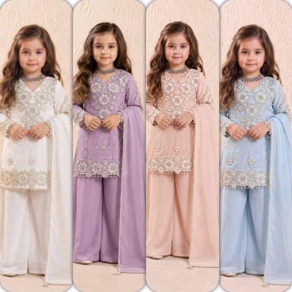 Recyclable Purple Girls Party Wear Top Palazzo Set with Embroidered Dupatta for Celebrations Girls Wear