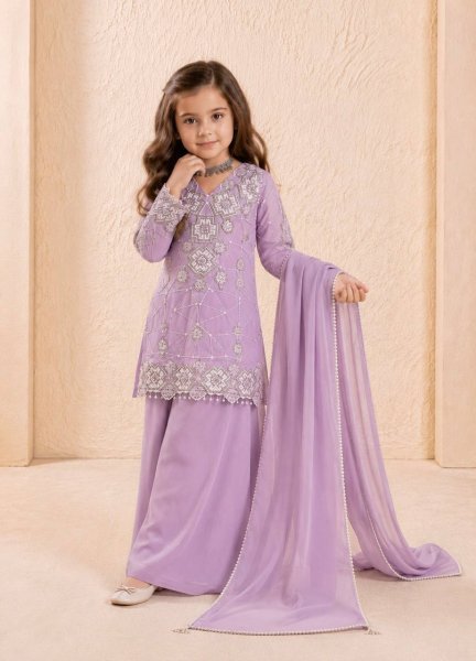 Recyclable Purple Girls Party Wear Top Palazzo Set with Embroidered Dupatta for Celebrations Girls Wear