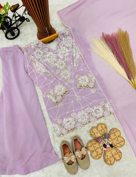 Recyclable Purple Girls Party Wear Top Palazzo Set with Embroidered Dupatta for Celebrations Girls Wear