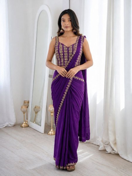 Recyclable Purple Premium Ready to Wear Crepe Silk Saree with Embroidered Blouse 