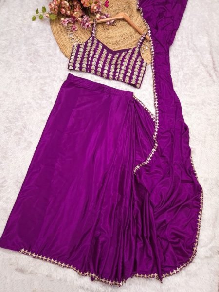 Recyclable Purple Premium Ready to Wear Crepe Silk Saree with Embroidered Blouse Ready To Wear Saree 