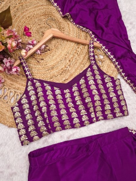 Recyclable Purple Premium Ready to Wear Crepe Silk Saree with Embroidered Blouse Ready To Wear Saree 