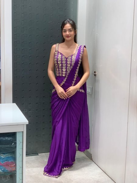 Recyclable Purple Premium Ready to Wear Crepe Silk Saree with Embroidered Blouse Ready To Wear Saree 