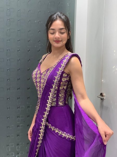 Recyclable Purple Premium Ready to Wear Crepe Silk Saree with Embroidered Blouse Ready To Wear Saree 