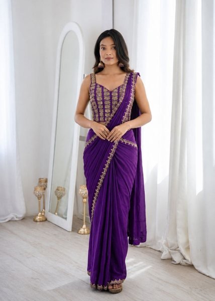 Recyclable Purple Premium Ready to Wear Crepe Silk Saree with Embroidered Blouse Ready To Wear Saree 
