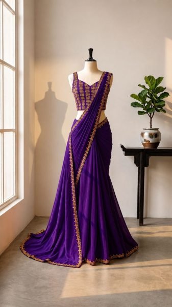Recyclable Purple Premium Ready to Wear Crepe Silk Saree with Embroidered Blouse Ready To Wear Saree 