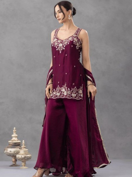 Recyclable Purple Premium Satin Embroidered Kurti Pant Set with Matching Dupatta Kurtis