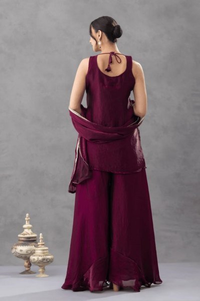 Recyclable Purple Premium Satin Embroidered Kurti Pant Set with Matching Dupatta 3 Piece Kurti Set