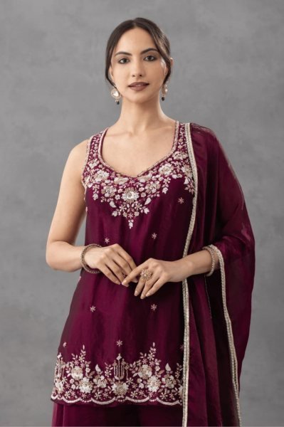 Recyclable Purple Premium Satin Embroidered Kurti Pant Set with Matching Dupatta 3 Piece Kurti Set