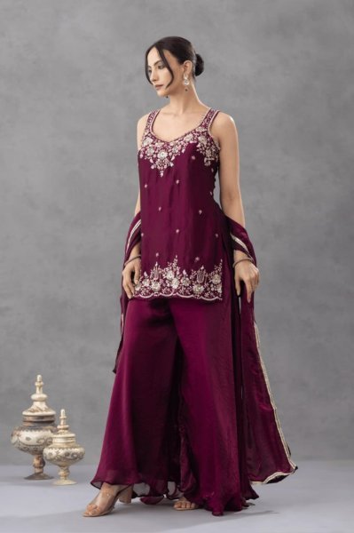 Recyclable Purple Premium Satin Embroidered Kurti Pant Set with Matching Dupatta 3 Piece Kurti Set