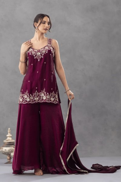 Recyclable Purple Premium Satin Embroidered Kurti Pant Set with Matching Dupatta 3 Piece Kurti Set