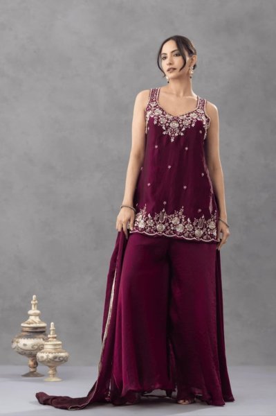 Recyclable Purple Premium Satin Embroidered Kurti Pant Set with Matching Dupatta 3 Piece Kurti Set