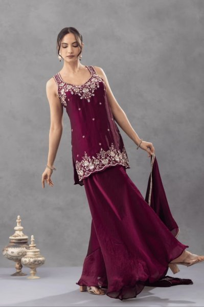 Recyclable Purple Premium Satin Embroidered Kurti Pant Set with Matching Dupatta 3 Piece Kurti Set