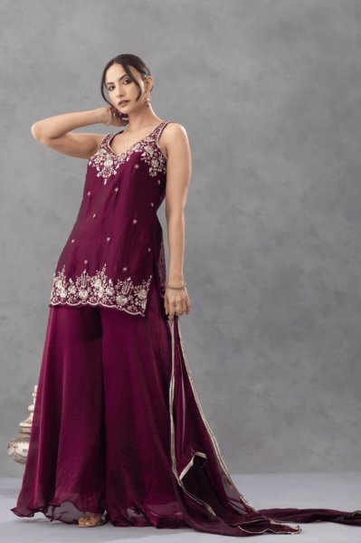 Recyclable Purple Premium Satin Embroidered Kurti Pant Set with Matching Dupatta 3 Piece Kurti Set