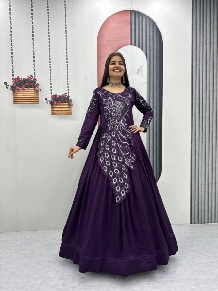 Recyclable Purple Stylish Vichitra Silk Gown with Heavy Work for Festive Functions 