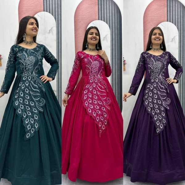 Recyclable Purple Stylish Vichitra Silk Gown with Heavy Work for Festive Functions Designer Lehenga Choli