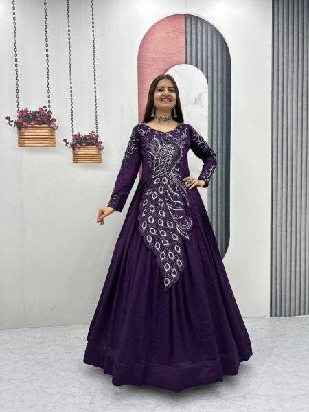 Recyclable Purple Stylish Vichitra Silk Gown with Heavy Work for Festive Functions Designer Lehenga Choli