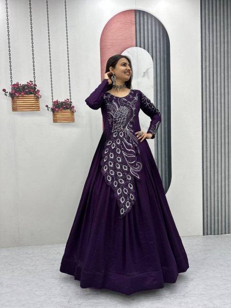 Recyclable Purple Stylish Vichitra Silk Gown with Heavy Work for Festive Functions Designer Lehenga Choli