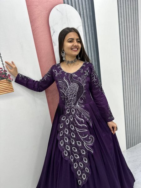 Recyclable Purple Stylish Vichitra Silk Gown with Heavy Work for Festive Functions Designer Lehenga Choli