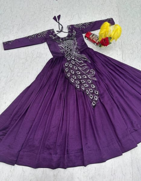 Recyclable Purple Stylish Vichitra Silk Gown with Heavy Work for Festive Functions Designer Lehenga Choli