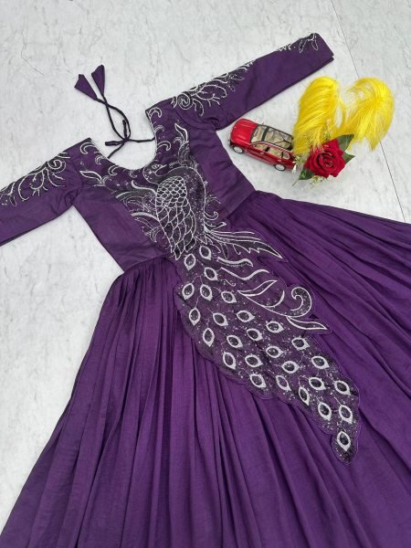 Recyclable Purple Stylish Vichitra Silk Gown with Heavy Work for Festive Functions Designer Lehenga Choli