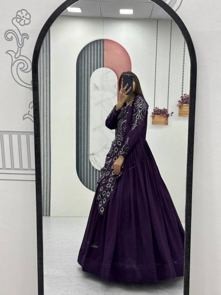 Recyclable Purple Stylish Vichitra Silk Gown with Heavy Work for Festive Functions Designer Lehenga Choli