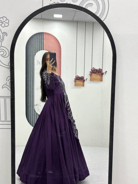 Recyclable Purple Stylish Vichitra Silk Gown with Heavy Work for Festive Functions Designer Lehenga Choli