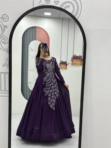Recyclable Purple Stylish Vichitra Silk Gown with Heavy Work for Festive Functions Designer Lehenga Choli