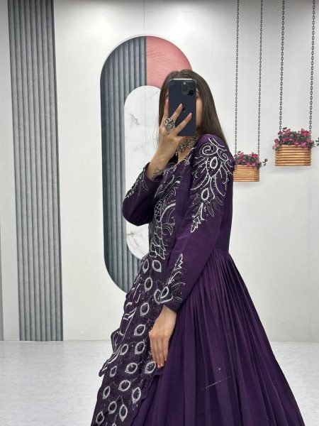 Recyclable Purple Stylish Vichitra Silk Gown with Heavy Work for Festive Functions Designer Lehenga Choli