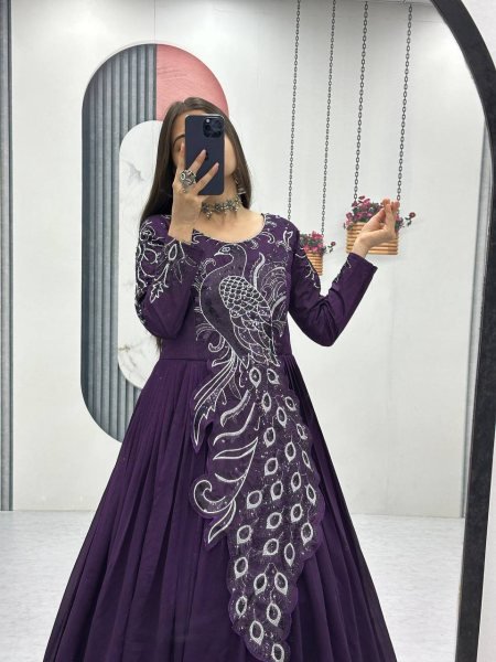 Recyclable Purple Stylish Vichitra Silk Gown with Heavy Work for Festive Functions Designer Lehenga Choli