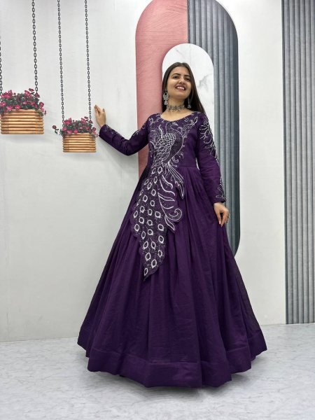 Recyclable Purple Stylish Vichitra Silk Gown with Heavy Work for Festive Functions Designer Lehenga Choli